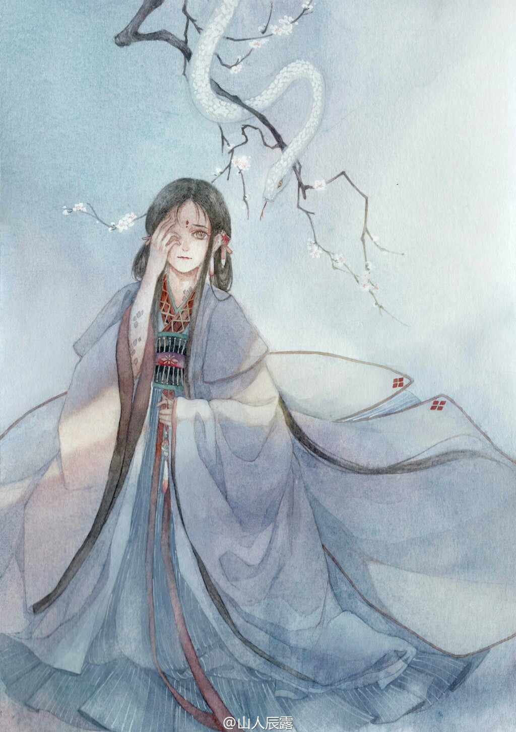 手绘古风白衣女子画师:山人辰露