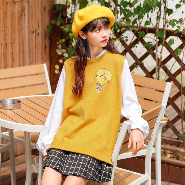 布衣天使春秋女坎肩马甲学院风无袖前段后长毛