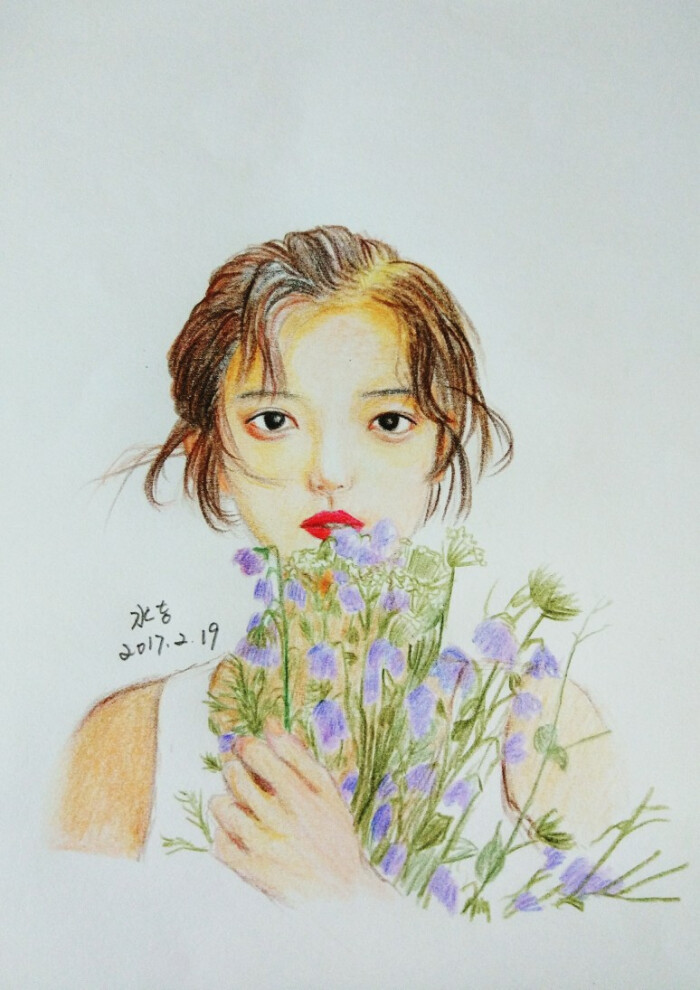 彩铅,清新小插画,花与女孩