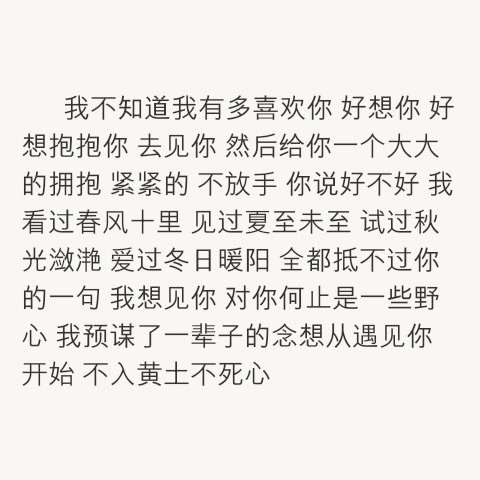 好想你 好想抱抱你 去见你 然后给你一个大大的拥抱 紧紧的 不放手 你