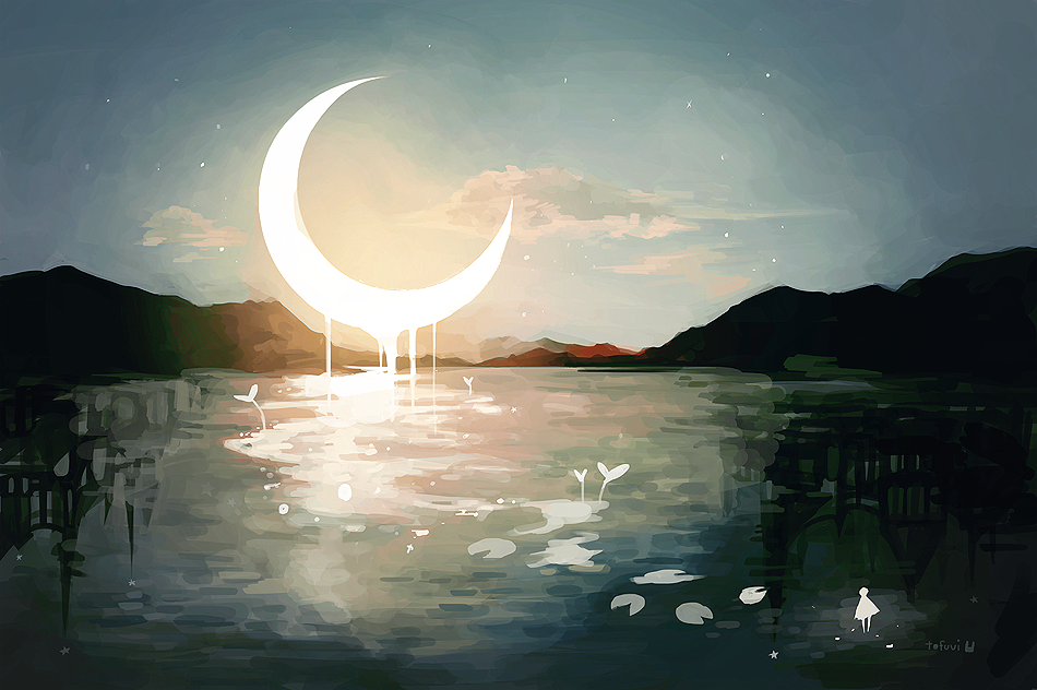 动漫壁纸 风景 月亮 水面 倒影