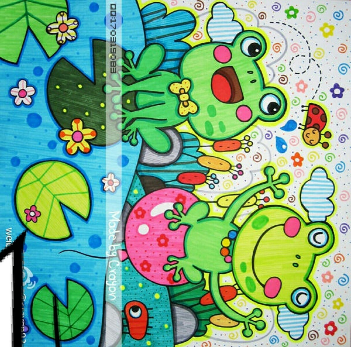 青蛙 池塘 绿色 卡通 儿童画 彩笔画 可爱