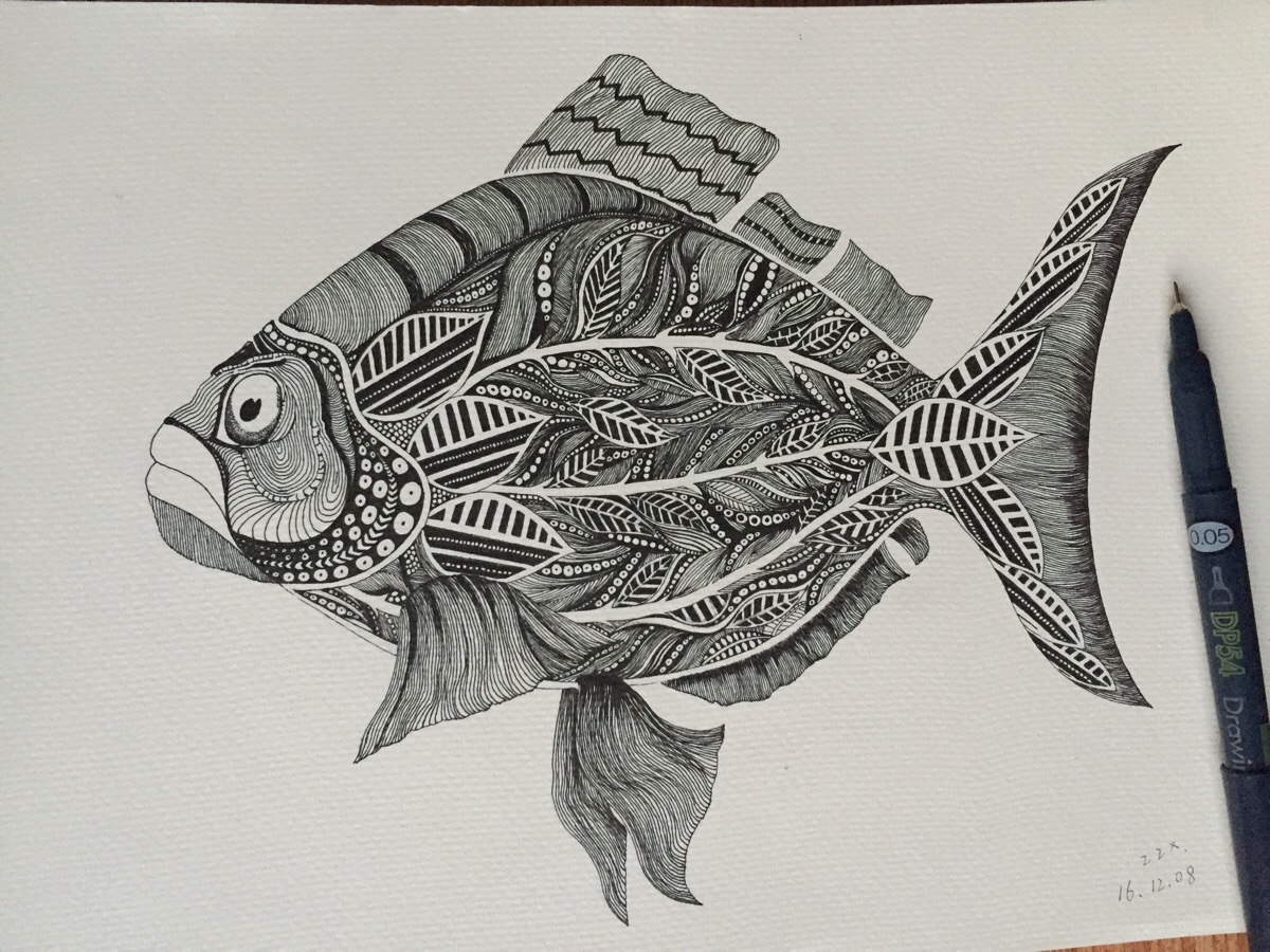 鱼 钢笔画 线条