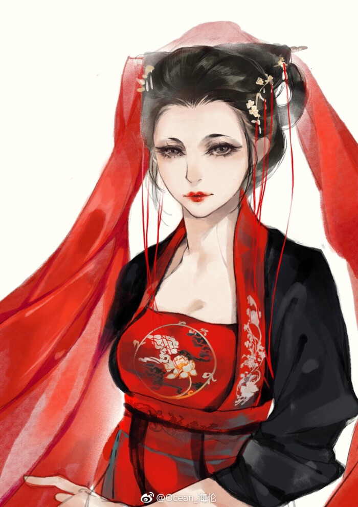 手绘古风红衣女子画师:ocean海伦
