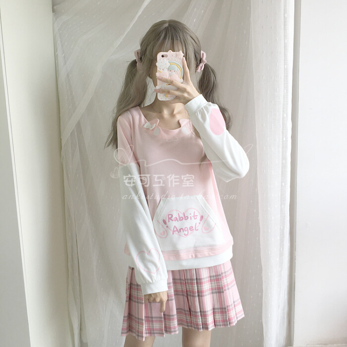 安可定制 日系软妹秋款天使兔和恶魔猫圆领…