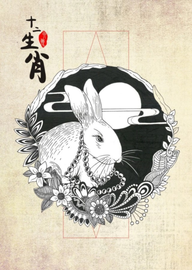 黑白插画十二生肖——卯兔