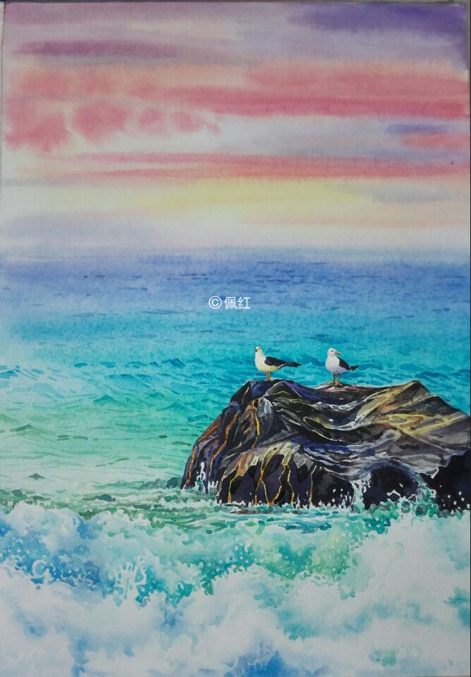 海鸥海鸥我们的朋友 水彩海景