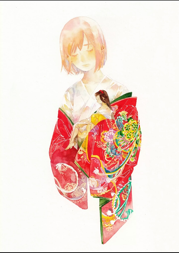 和服 人像 女孩 光影 红白 传统 古典 绘画参考 日本 水彩 短发