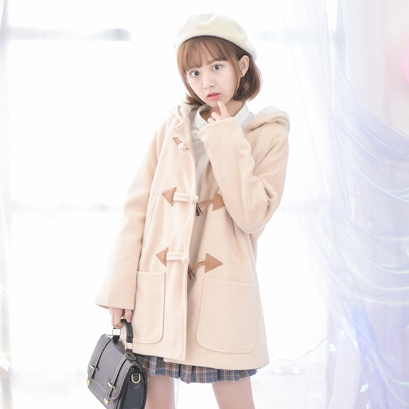 森女部落纯色简约学院风学生带帽毛呢外套2017冬装女装森女系