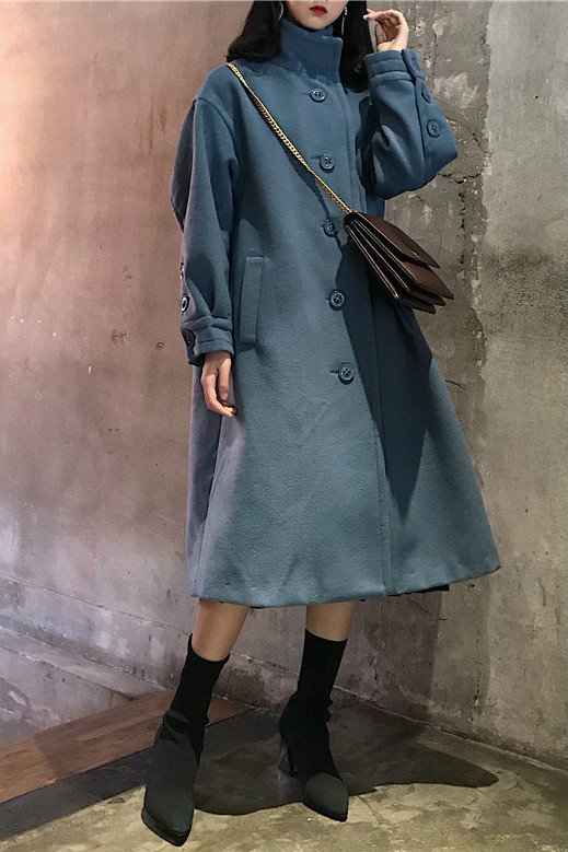 百搭冷色系高领修身中长款毛呢外套呢子大衣女.