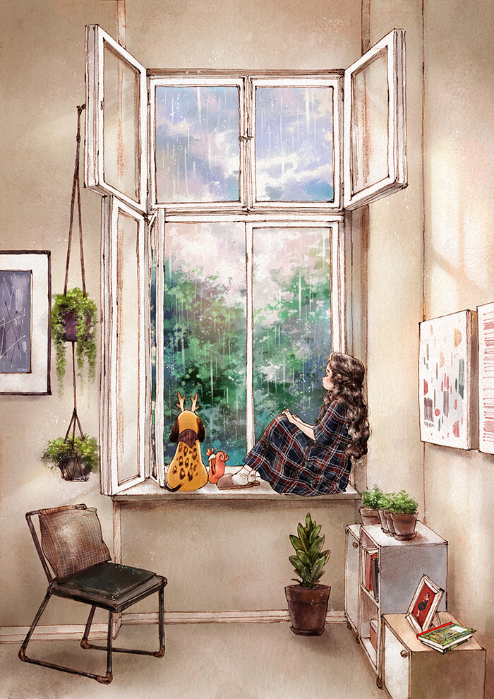 夏日雨不停,何以消烦暑,端坐窗台边,静听窗外雨 ~ 来自韩国插画家aepp