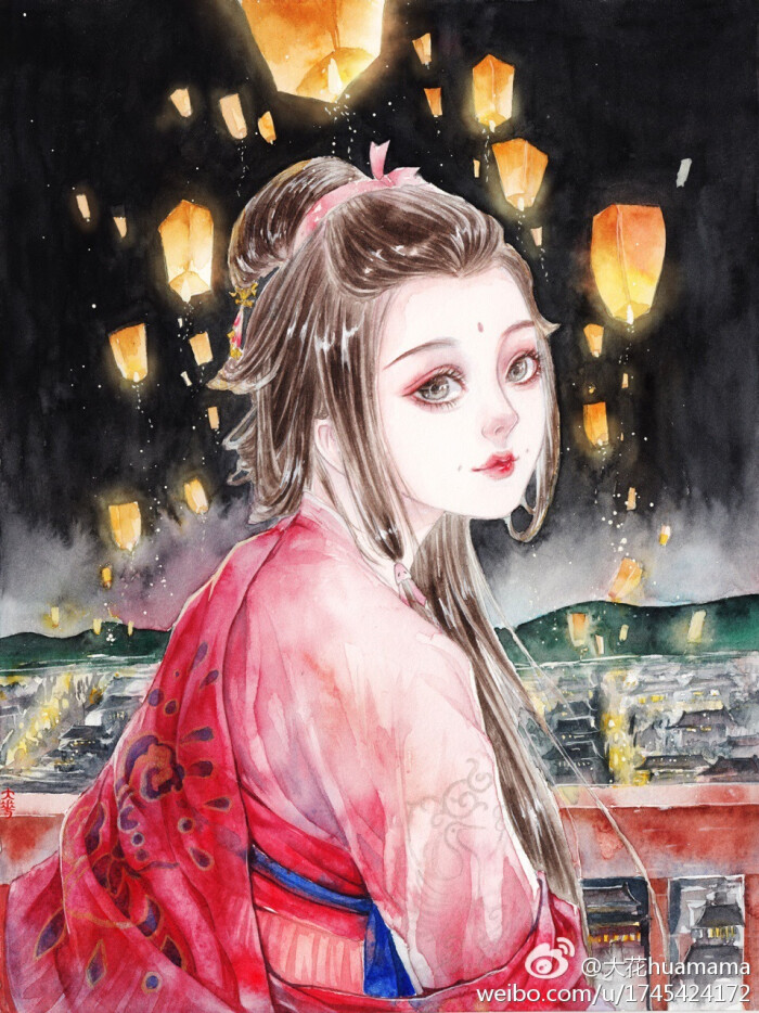 手绘古风红衣女子