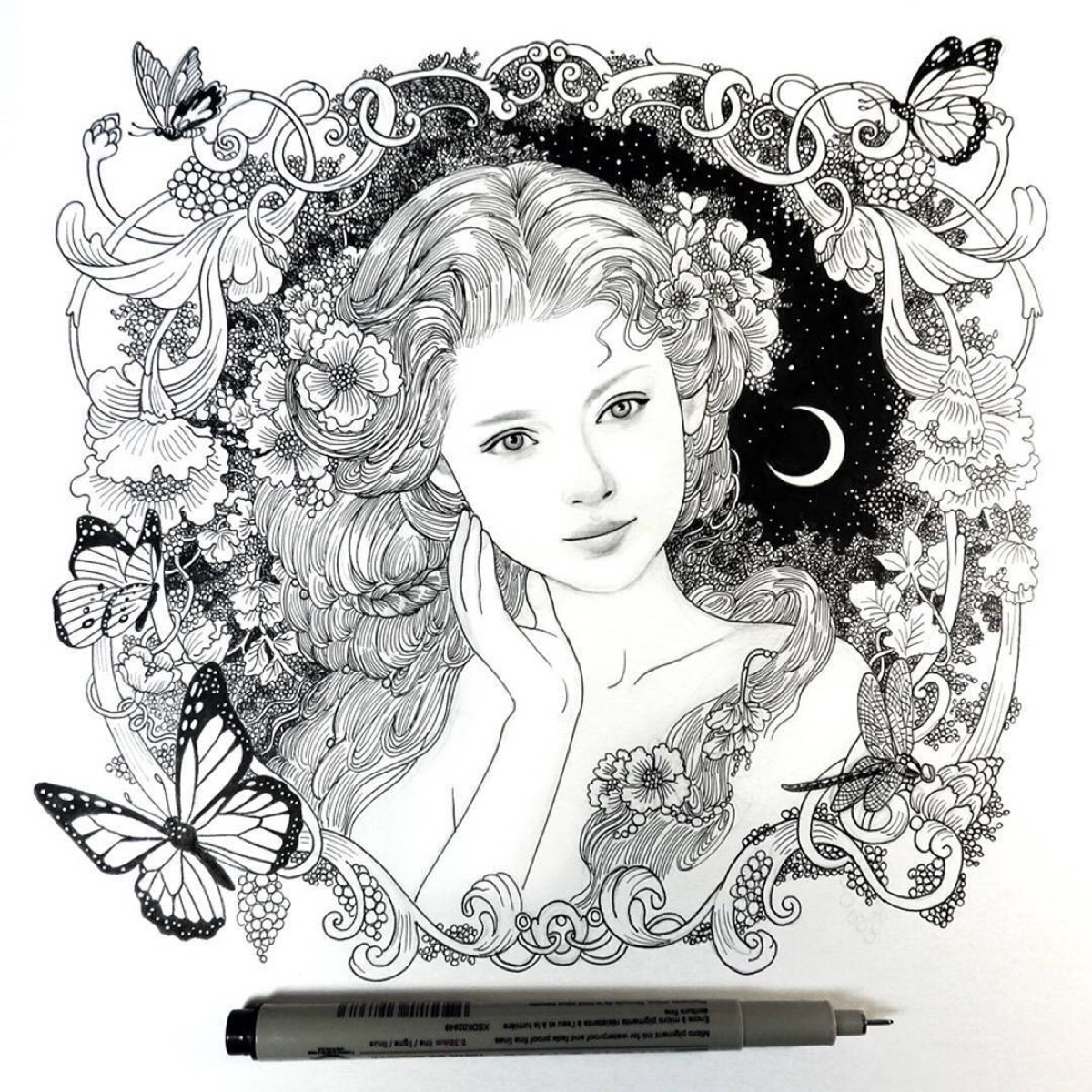 北欧神话里的少女,针管笔黑白线描作品来自艺术家annie stegg gerard.