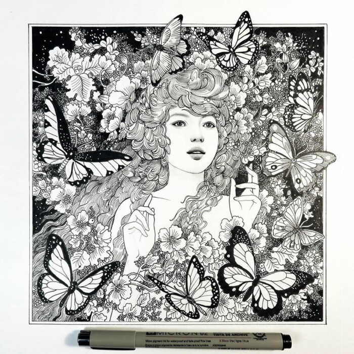 北欧神话里的少女,针管笔黑白线描作品来自艺术家annie stegg gerard.