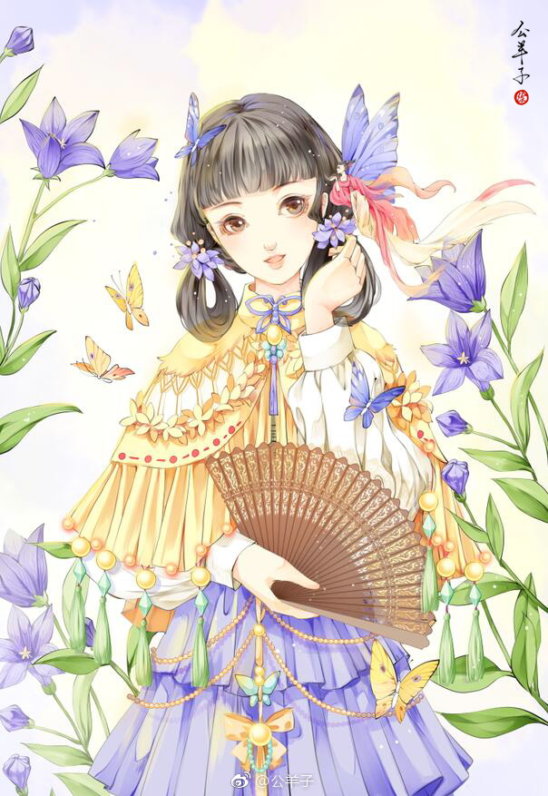 手绘古风持扇女子画师:公羊子
