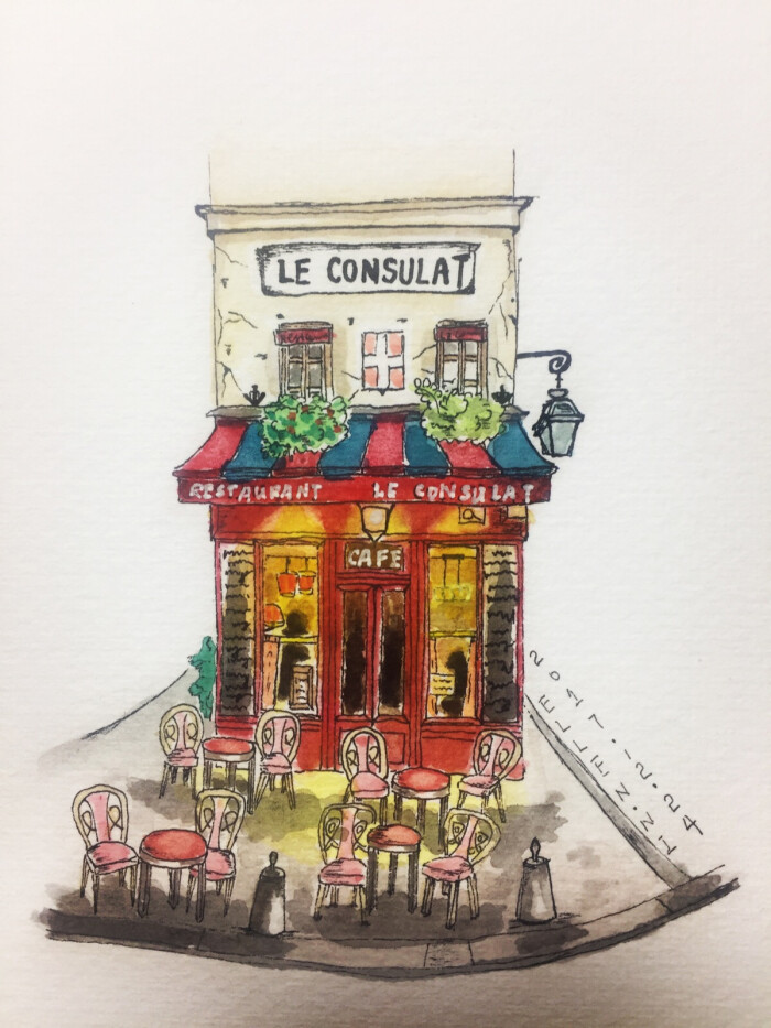 水彩小店咖啡店饭店手绘插画cafe le consulat restaurant