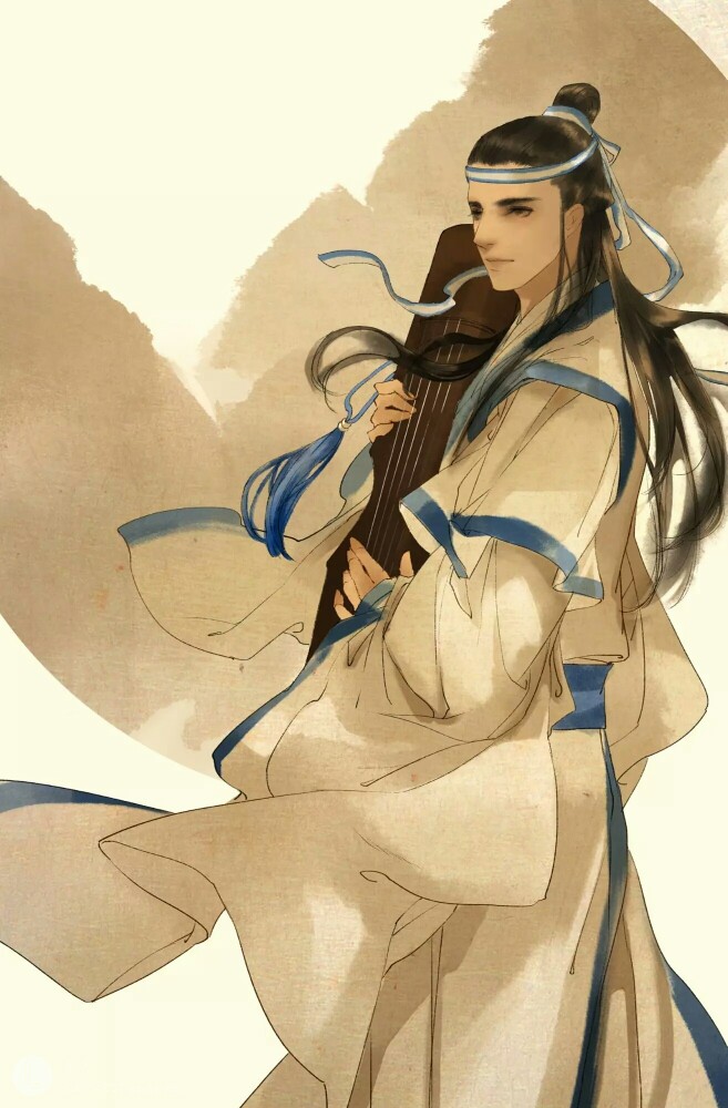 手绘古风持乐器男子魔道祖师·蓝忘机画师:鱼咸