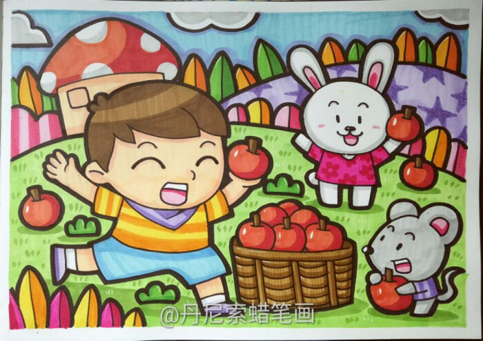 儿童画 简笔画 小兔子 摘果子 苹果 户外