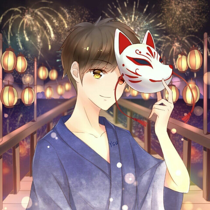 ▽颜苏自画集 动漫情侣头像 新年 狐面具 烟花