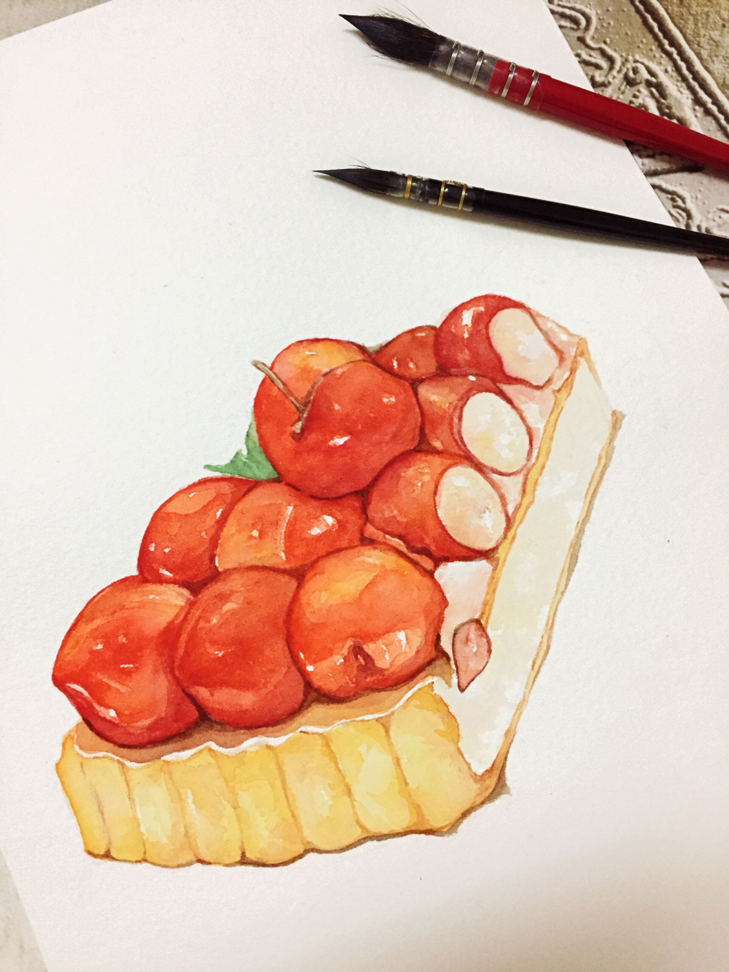 水彩手绘美食 樱桃蛋糕