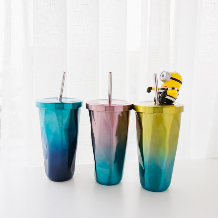 创意渐变菱形吸管保温杯+韩版大容量女学生…