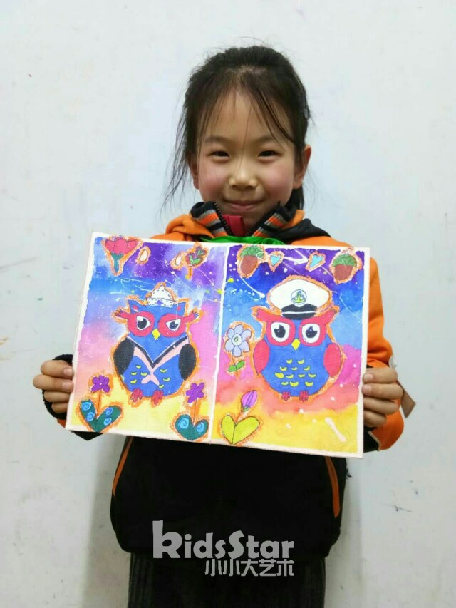 儿童画 水彩猫头鹰