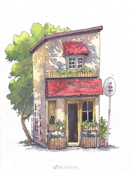 上海老房子水彩钢笔风景画