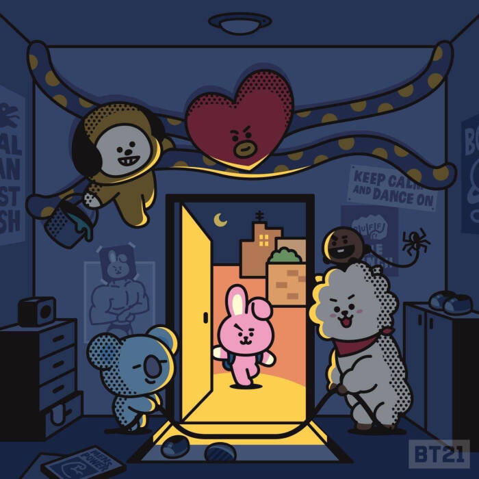 bt21 墙上的肌肉兔兔头是贴上去的,cooky的臆想哈哈哈.