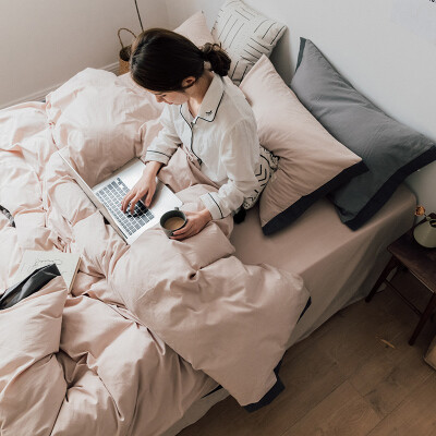 简约纯色水洗棉公主风四件套全棉被套床上用品