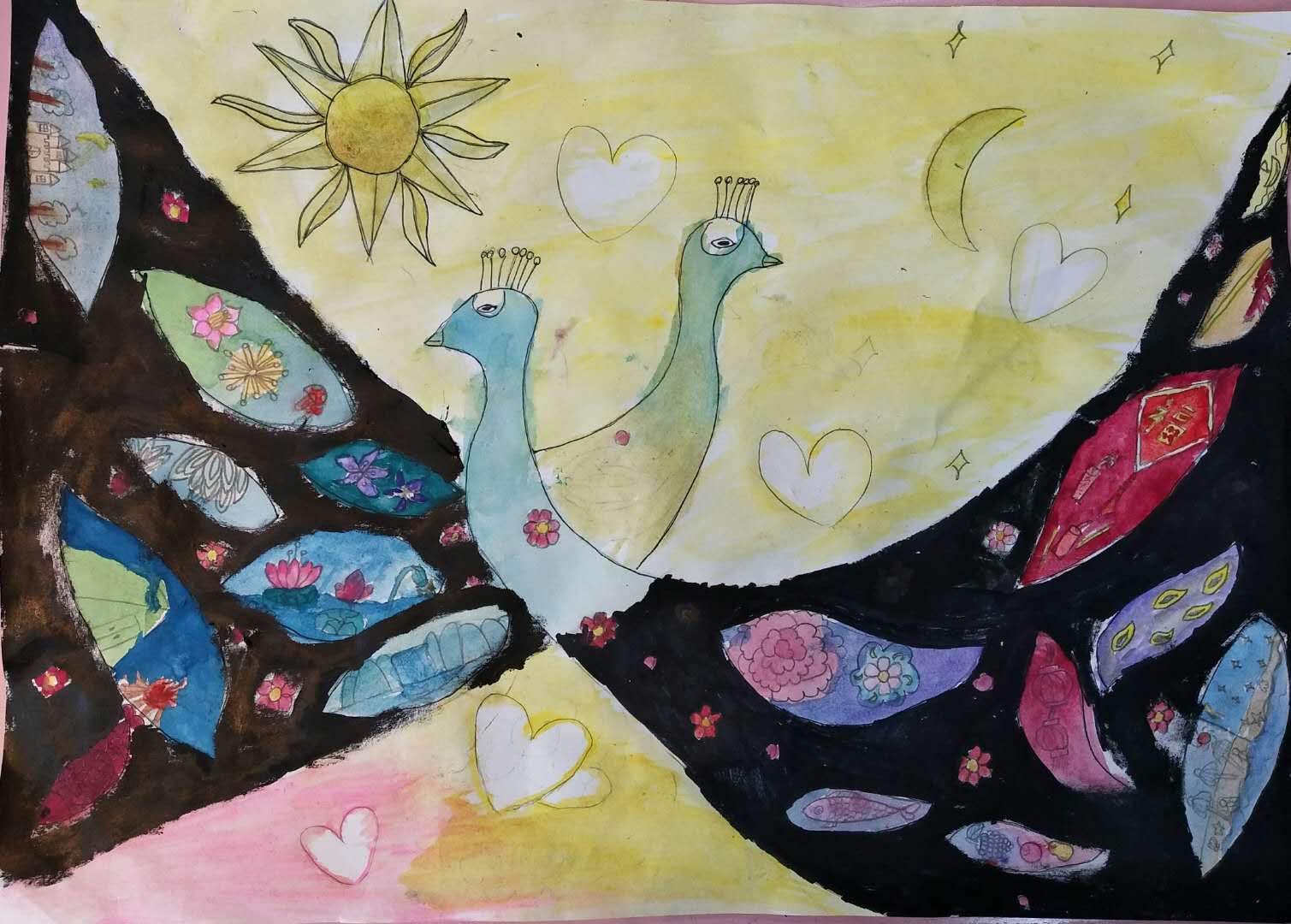 水彩作品《凤凰》孩子们两节课完成的4开纸作品,学习凤凰的知识和画法