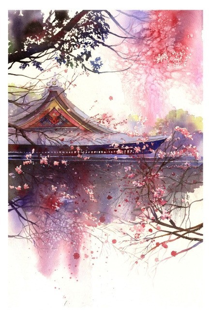 古风素材,中国风复古,背景,唯美浪漫插画,纸伞,泼墨,梅花,鸟,楼阁亭台