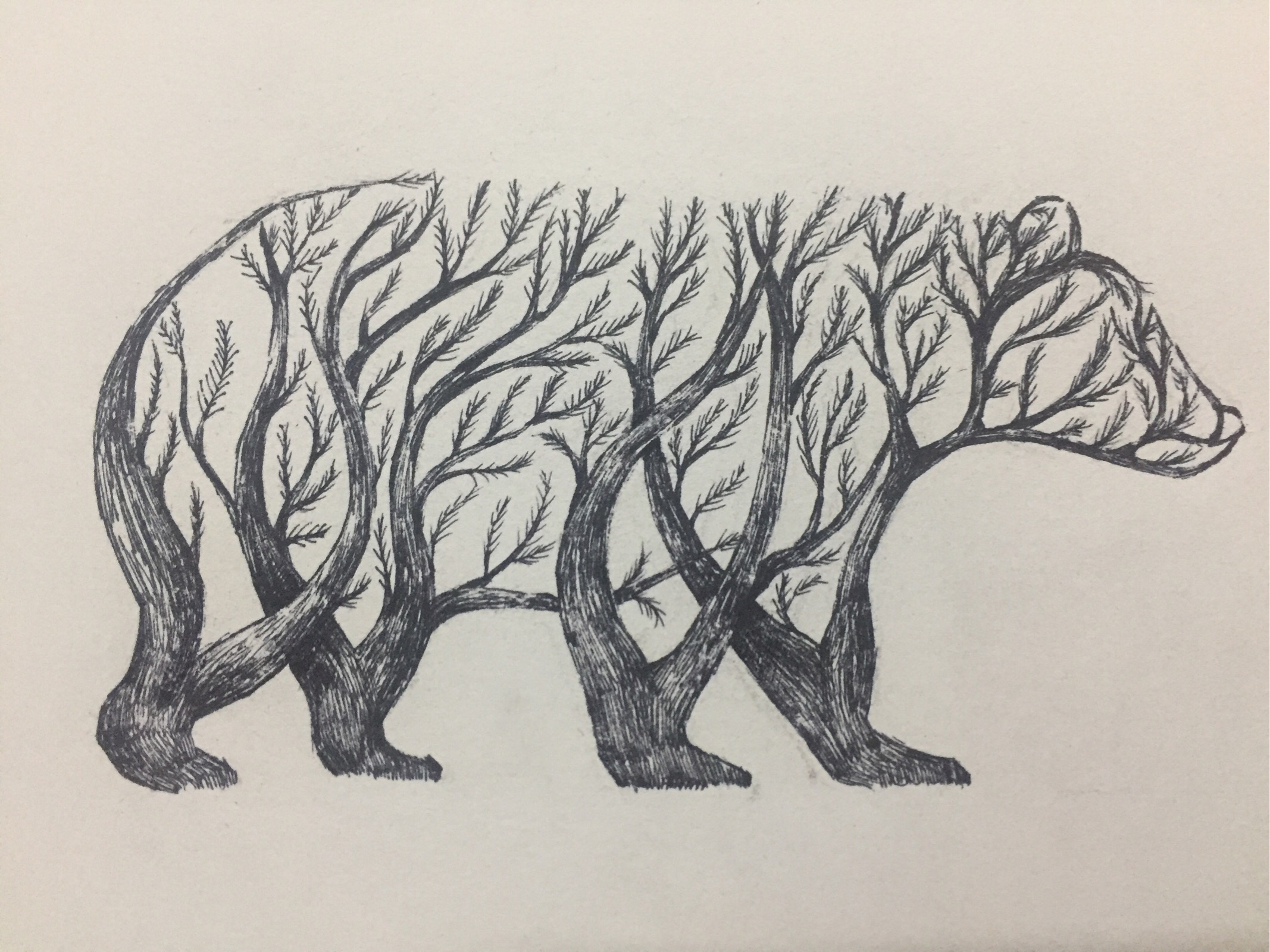 仿画 黑白画 用树枝组成的动物熊