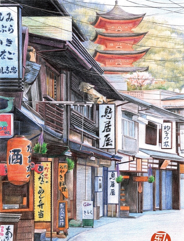 彩铅建筑风景 日本