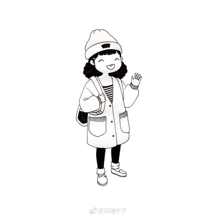 手绘女生,简笔画,黑白线条