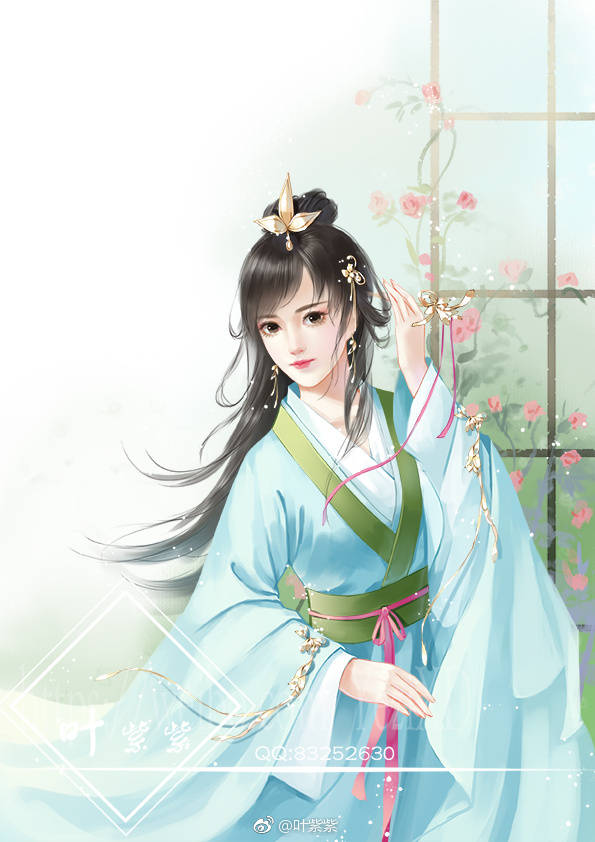 手绘古风蓝衣女子