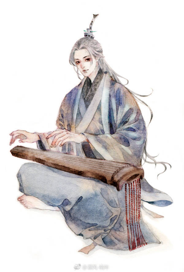 手绘古风持乐器男子画师:溪风-少年