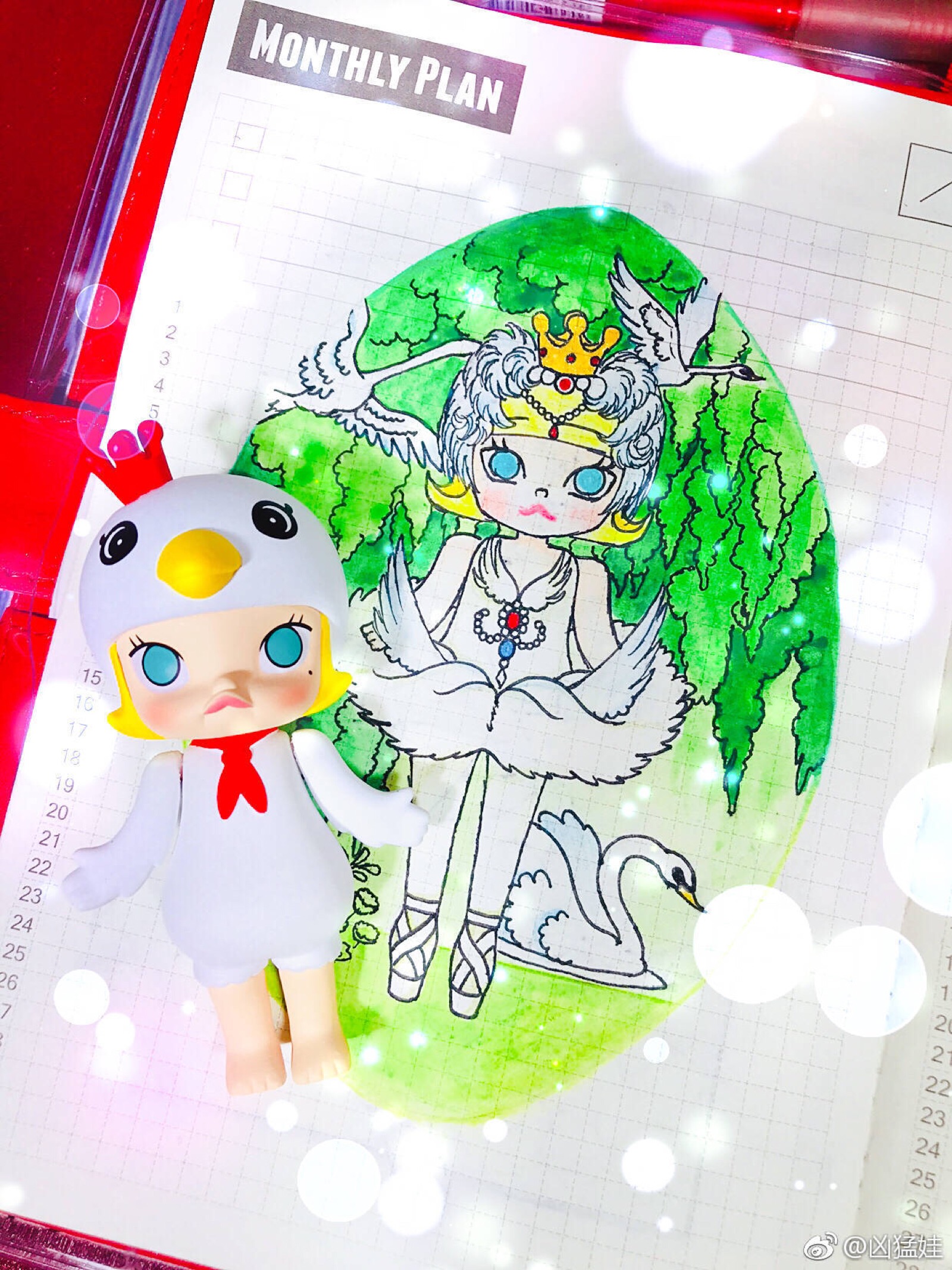 molly 原创 天鹅 蔷薇花 手账 手绘