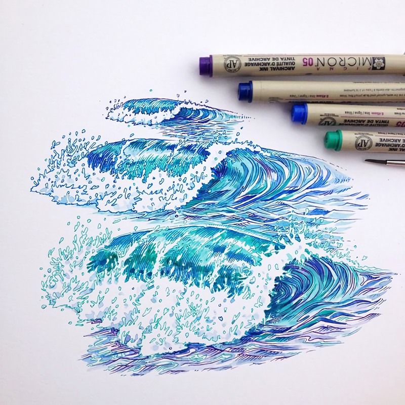 针管笔与水彩结合的海浪绘画图片   aladd