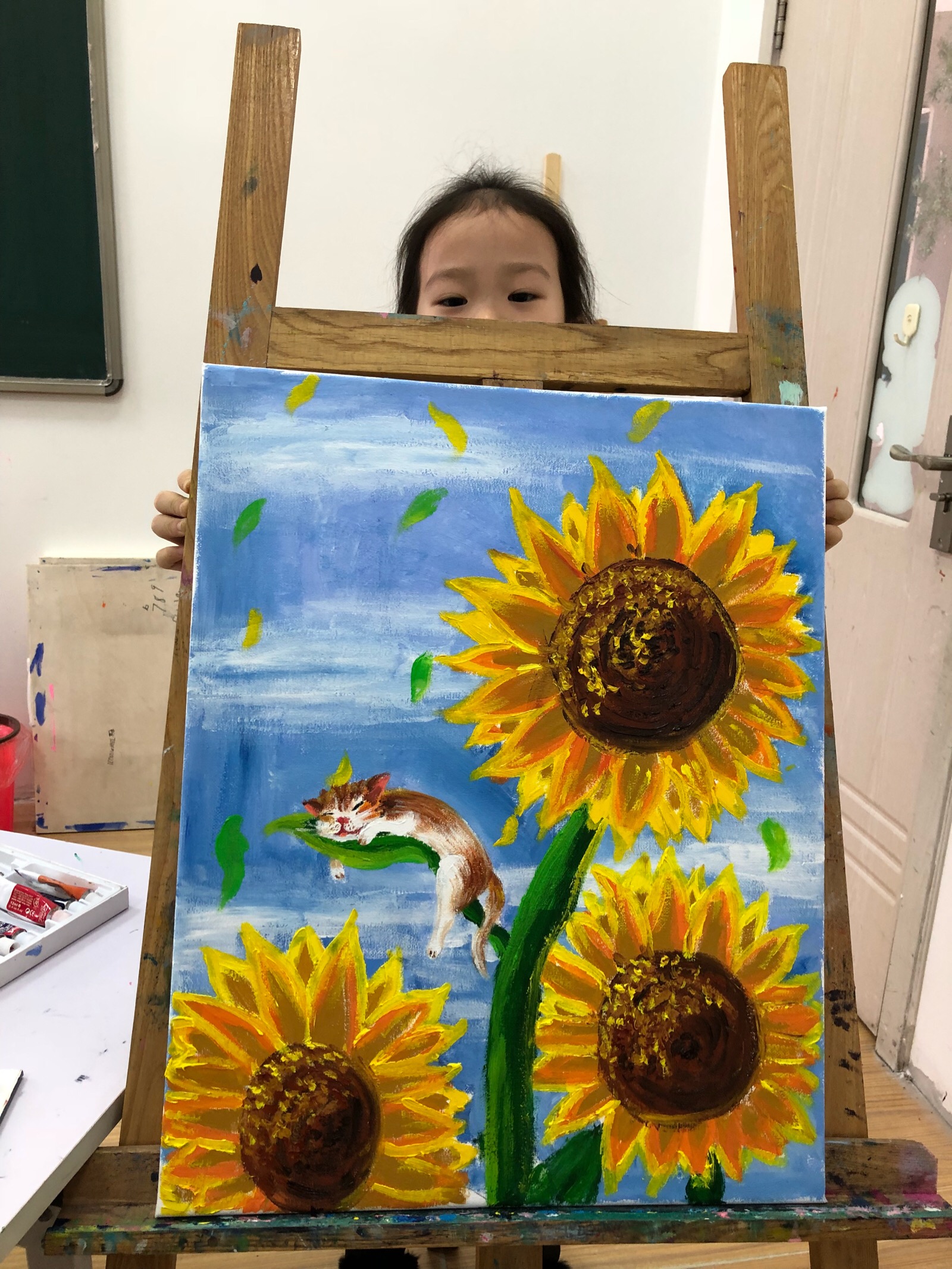 写生作品6岁 油画小猫和向日葵