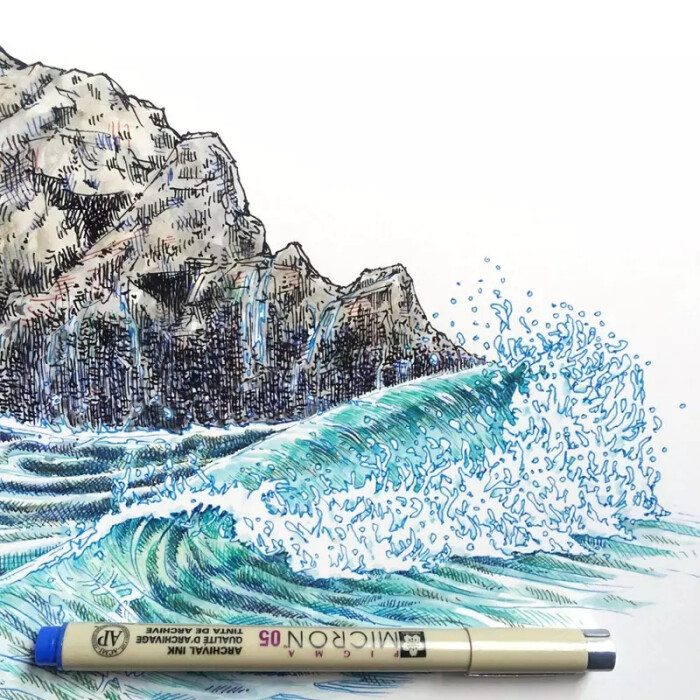 针管笔与水彩结合的海浪绘画图片