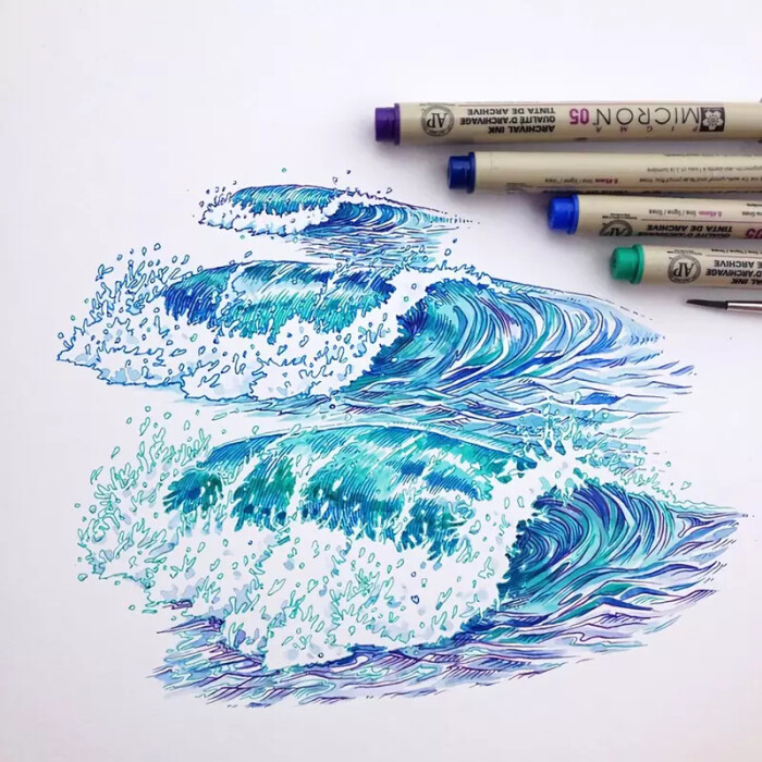 针管笔与水彩结合的海浪绘画图片