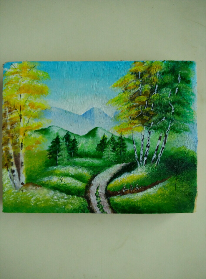 画在木板上风景画,油画风格