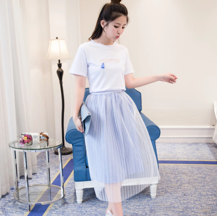 2018新款女韩版学生甜美网纱连衣裙两件套装