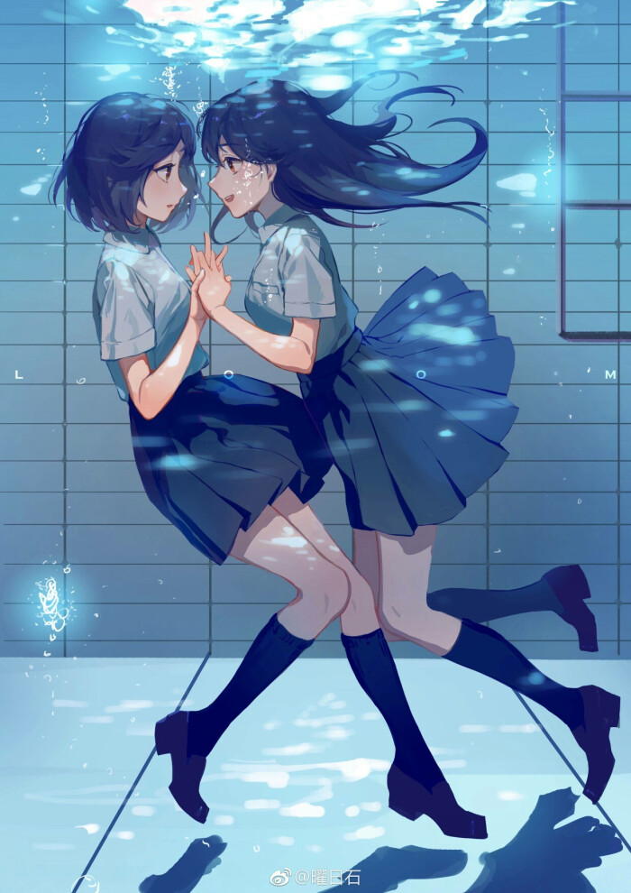 百合 游泳池 水下 少女 cp 双人 蓝色