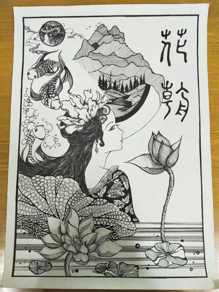 黑白线描装饰画《花朝》