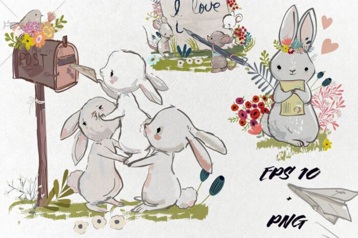 森系手绘卡通动物插画兔子小鹿信箱png免扣ai矢量手账设计素材