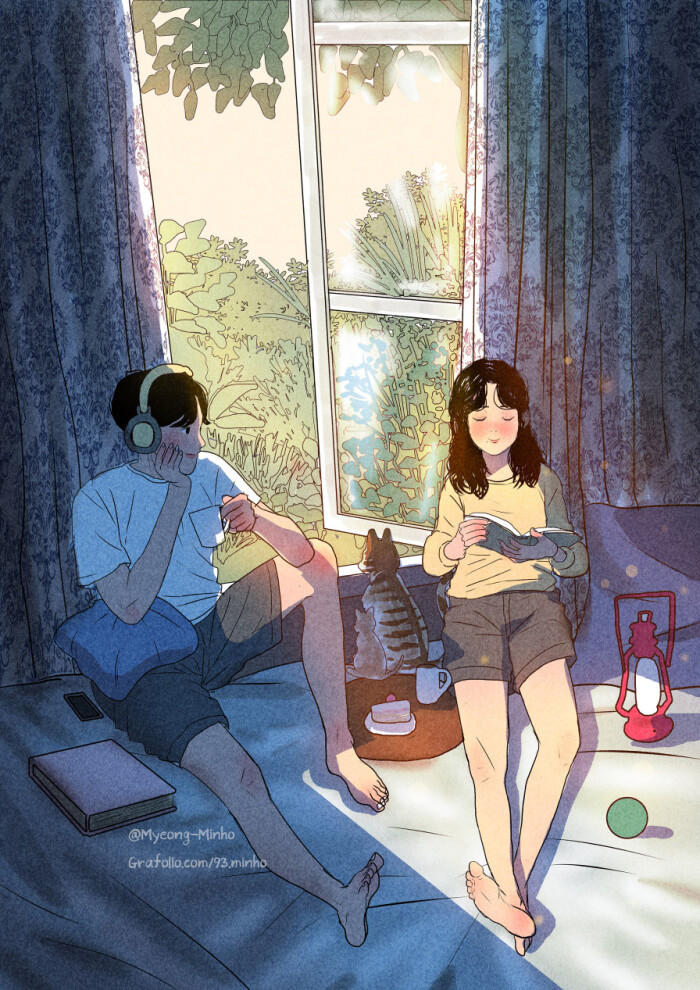 静静地看着你,像窗外的阳光般温暖 ~ 韩国画师myeong-minho情侣插画