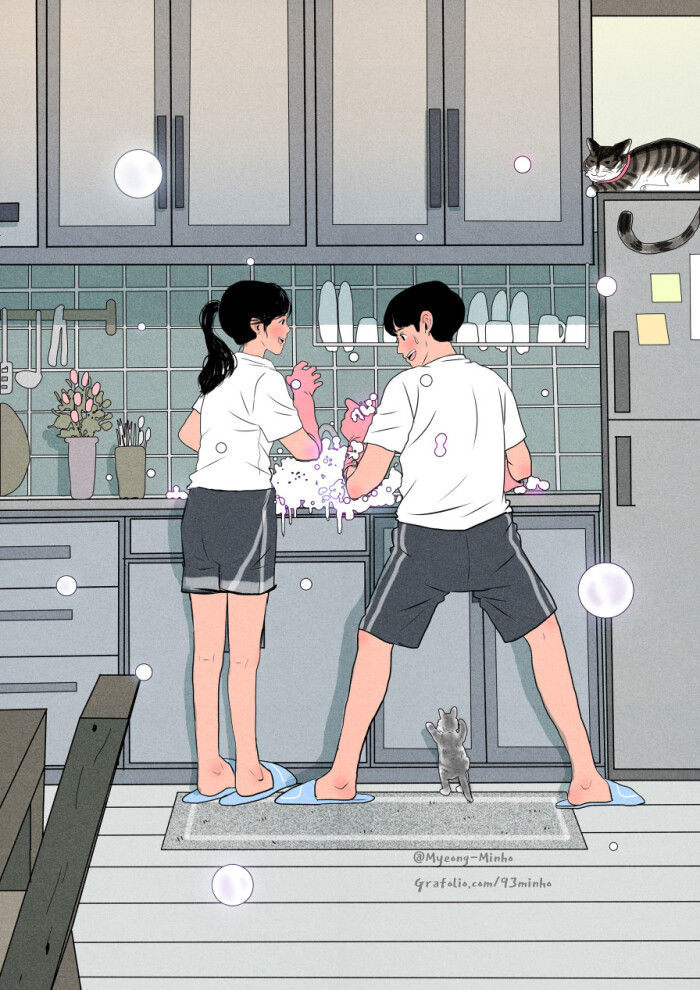 饭后一起洗碗,冒着泡泡的欢乐时光 ~ 韩国画师myeong-minho情侣插画