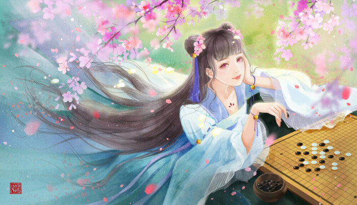 手绘古风蓝衣女子