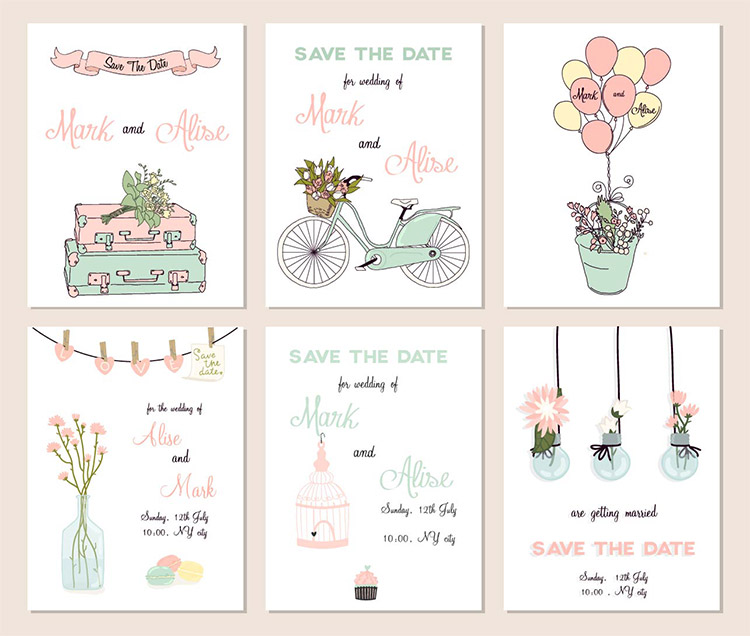 小清新浪漫手绘自行车花篮气球花瓶婚礼卡片背景插画矢量设计素材